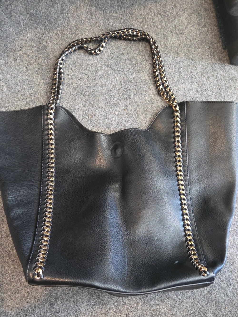 Black Leather Tote Bag with Chain-Strap